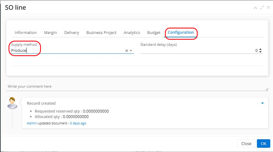 1.5. The default supply method on a sales quotation: on the sales quotation, open the Content tab, click on a line in the Detail Lines table. You will then be redirected to the Sales Order line. On a sale order line, open the configuration tab and then define the supply method on the Sales Order Line for a product